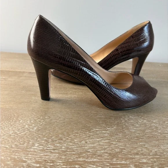 NWOT Elegant Cole Haan Brown Open Toe Pumps 7 - Picture 4 of 10